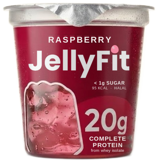A JellyFit Raspberry cup with a peel-off foil lid. The label reads: less than 1g sugar, 95 kcal, halal, 20g complete protein from whey isolate.